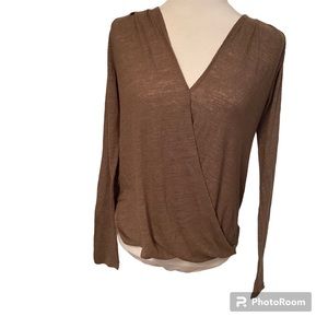 VELVET GRAHAM SPENCER TOP TEE BROWN TAUPE SLUB KNIT LONG SLEEVE V-NECK SIZE S